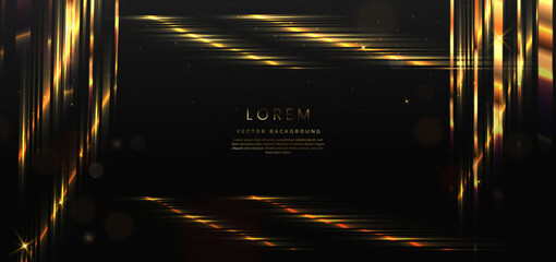 Abstract elegant black background with golden lines and lighting effect sparkle. Luxury template award design.