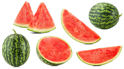 set of watermelon with slices isolated on a white background.