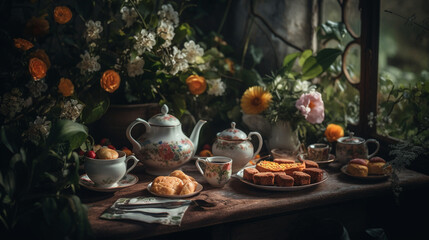 Fototapeta premium Afternoon tea and cakes in the garden