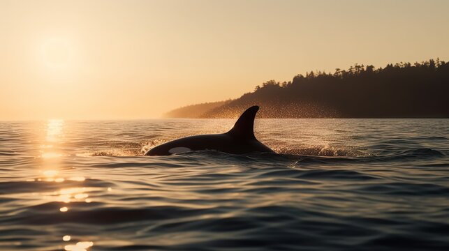 Orkas vor der K&uuml;ste Vancouver Islands in der goldenen Stunde bei Jagen, generative AI