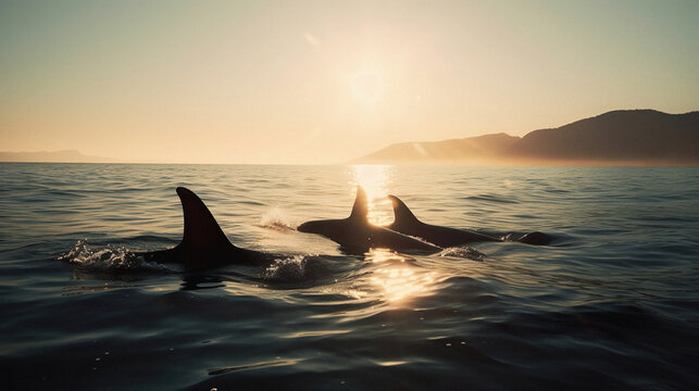 Orkas vor der K&uuml;ste Vancouver Islands in der goldenen Stunde bei Jagen, generative AI