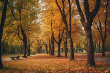Park's trees in fall season. Generative AI