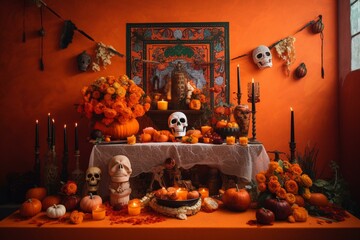 Colorful traditional Day of the Dead altar with vibrant orange background and skull decorations. Generative AI