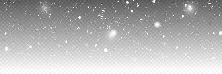 Snow falling background. Vector magic panorama view snowfall image. White glitter snowflakes falling down on transparent background.