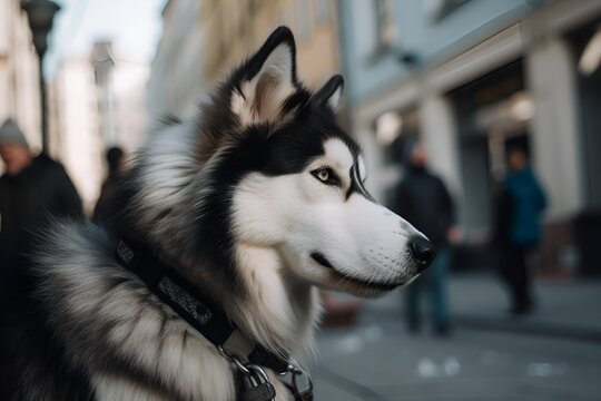 Husky in the city for a walk. Urban photo generated AI.