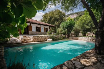 Obraz premium Swimming pool near the house. AI Generated