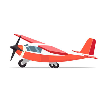 Small red propeller vector plane in flat design. Small light aircraft with single engine. Cartoon style.