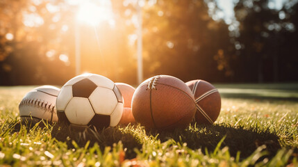 meadow  in Summer with Various Sports Balls