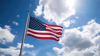  American flag waving against a blue sky with white clouds, generative ai