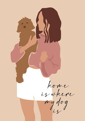 Woman holding puppy dog print poster. Abstract woman art with her pet.