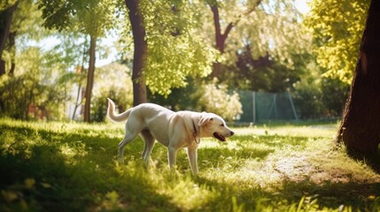 Obraz na płótnie Canvas Friendly dog playing in a lush, green park on a sunny day, generative ai