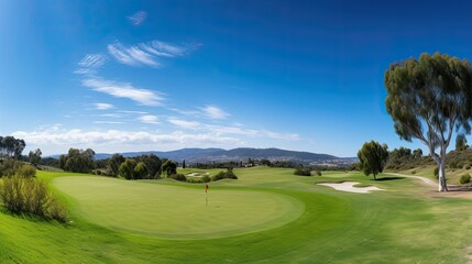 Obraz premium Golf course panorama with a stunning view of the fairway and surrounding nature, generative ai