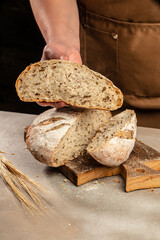 rustic crusty loaves of bread, Bakery, food concept. Top view