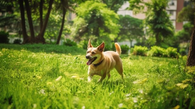  Friendly dog playing in a lush, green park on a sunny day, generative ai