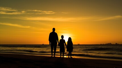  Silhouette of a happy family enjoying a sunset at the beach, generative ai