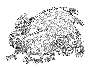 Dragon coloring page. Vector fantasy illustration with mythical creature. Dragon drawing coloring sheet.