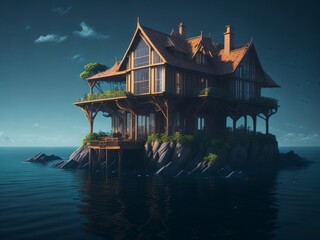 Concept art of luxury house on the heart of deep ocean create with generative ai technology.