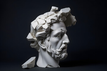 Broken ancient greek statue head falling in pieces. Broken marble sculpture, cracking bust, concept of depression, memory loss, mentality loss or illness