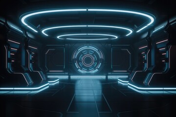 Fototapeta premium Futuristic sci-fi tunnel corridor with glowing lights. Generative Ai