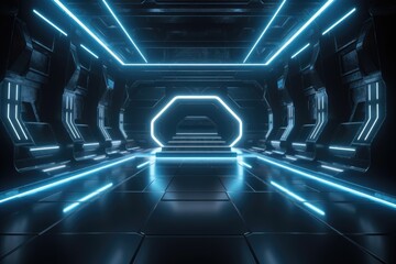 Futuristic sci-fi tunnel corridor with glowing lights. Generative Ai