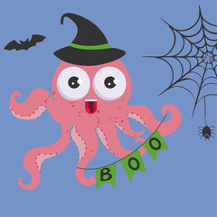 Halloween   Illustration Octopus  With Magic Hat, Decoration Boo, Bat, Spider, Web