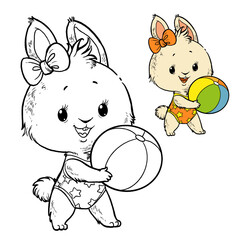 Cute cartoon summer white rabbit with beach ball vector coloring page