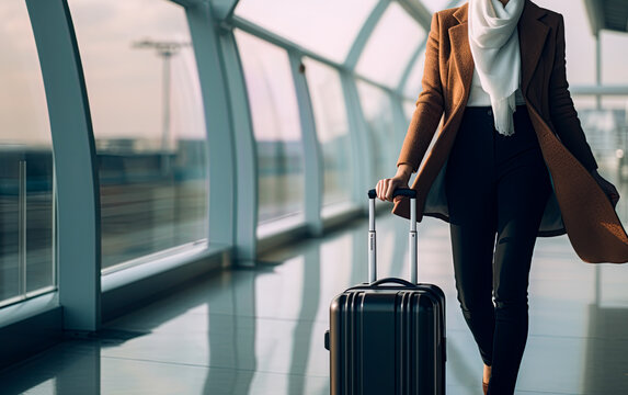 Beautiful woman at the airport with suitcase. Travel concept. Ai Generative