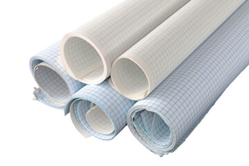 rolled checkered paper, notebook paper, on isolated black.