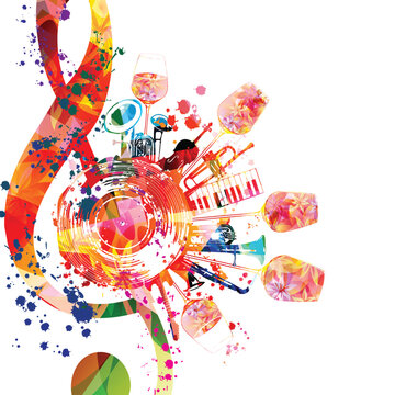 Colorful musical poster with G-clef, LP vinyl record disc and musical instruments vector illustration. Background for live concert events, music festivals and shows, party flyer with cocktail glasses