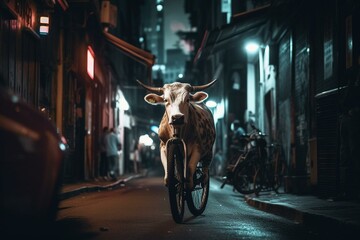 A bovine on a bike zooming through city alleyways, dodging cars and streetlights. Generative AI