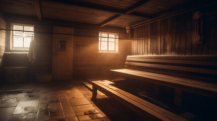 Steamy sauna room with wooden bench - Generative AI