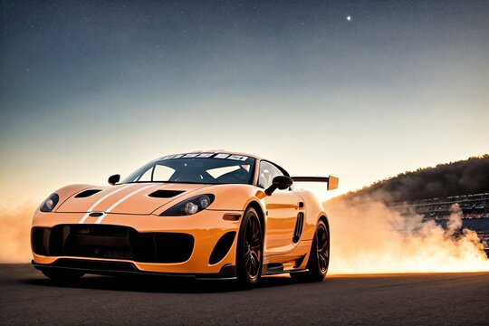 Sport car on the race track during sunset. Action shot image. 