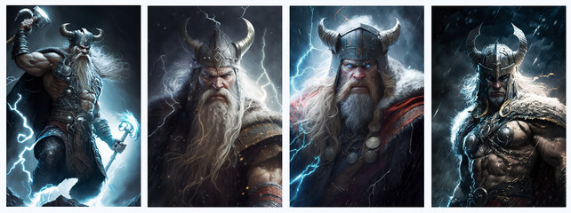 Scandinavian mythological god thor set.  Created with Generative AI technology.	 - obrazy, fototapety, plakaty