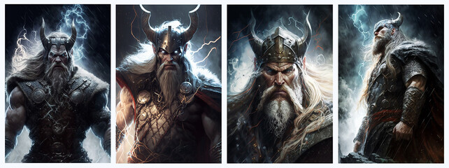 Scandinavian mythological god thor set.  Created with Generative AI technology.	