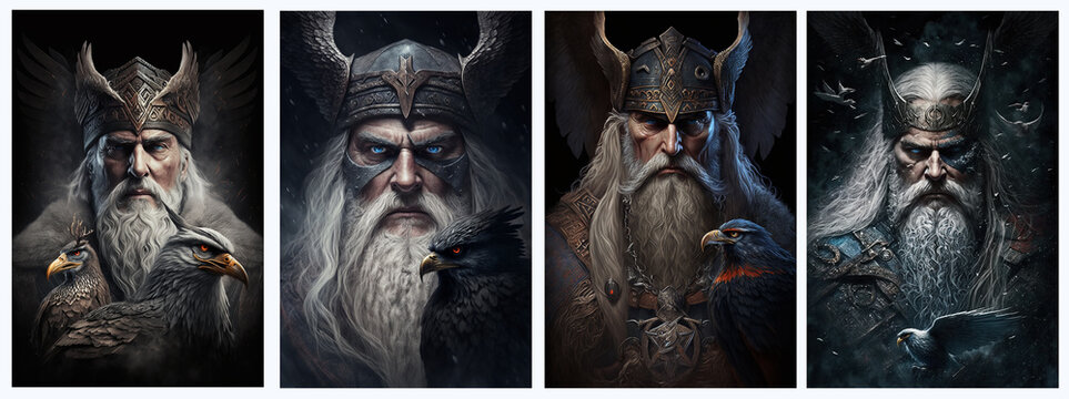 Scandinavian mythological god odin set.  Created with Generative AI technology.	