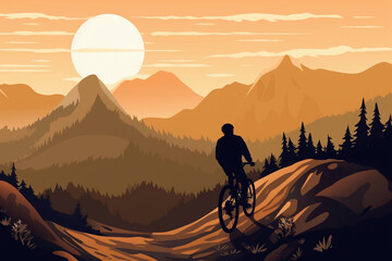 Fototapeta na wymiar Cyclist rider in mountain bike on mountain peak at sunset. Freedom and healthy lifestyle concepts. Generative AI