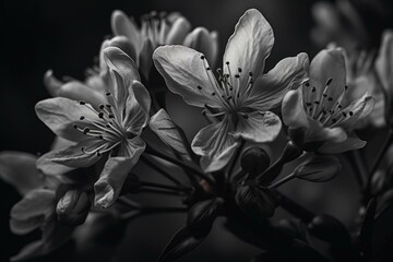 black and white linear artwork of spring blossoms. Generative AI