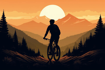 Сyclist rider in mountain bike on mountain peak at sunset. Generative ai