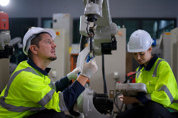 Engineer work at robotic arm factory.