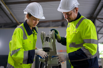 Engineer work at robotic arm factory.