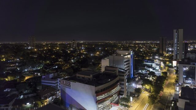 Panorama Zeitraffer von Asuncion in Paraguay mit Geb&auml;uden und Verkehr bei Nacht