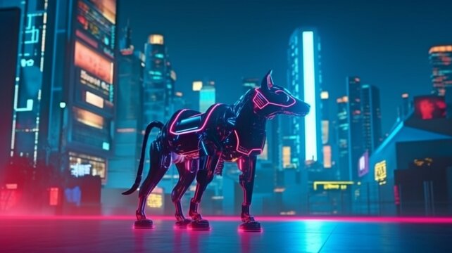 Dog Robot in Robot City Sharp images, neon lights, and the metropolis of the future. AI generator