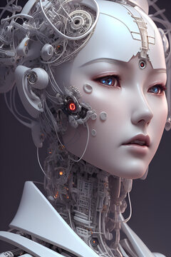 Experience the future of beauty with stunning porcelain Japanese woman android. Luxurious cyberpunk style with intricate details