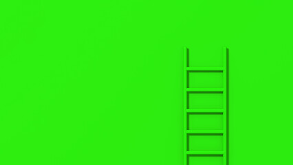 Green staircase on green background. Staircase stands vertically near wall. Way to success concept. Horizontal image. 3d image. 3D rendering.