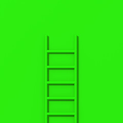 Green staircase on green background. Staircase stands vertically near wall. Way to success concept. Square image. 3d image. 3D rendering.