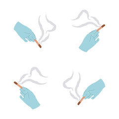 Four variations of holding a smoking Palo santo. Blue hand holds burning sacreed tree. Vector illustration in flat style