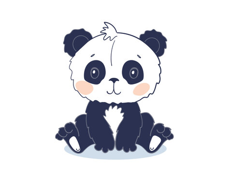 Little cute panda bear cub, sitting baby toy, vector flat cartoon illustration isolated on white background.