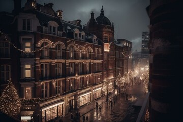 Victorian era Christmas cityscape in historic London with antique and vintage vibe. Generative AI