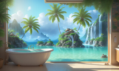 view from the bathroom on a fantasy tropical island with waterfalls. generative ai