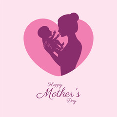 Happy Mother's Day poster with woman and baby in heart shape vector illustration. Woman holding a small newborn icon vector. Woman with baby silhouette design element. Mother hugging baby symbol